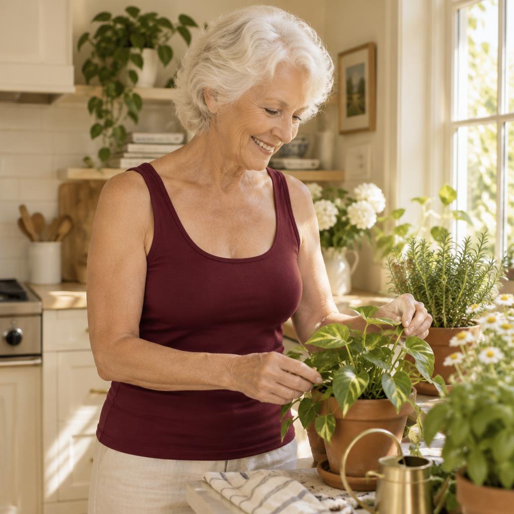 Illustrative photo of an older woman in a burgundy tank tending houseplants
